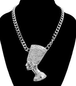 Big Bold Silver Plated Nefertiti Bust Pendant Curb Chain Necklace Egyptian Theme
