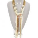 Gold Chain Wrap Peach Stone and Faux Pearl Necklace Earrings Set Fashion Jewelry