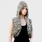 Black & Beige Leopard Faux Fur Scarf Hooded Infinity Vest Animal Print Viscose