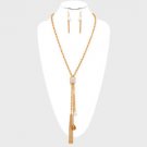 Gold Plated Rope Chain Crystal Stone Faux Pearl Tassel Necklace Earrings Set