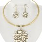 Tima Burnished Gold Plated Metal Pearl Necklace Earrings Set Statement Jewelry