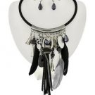 Black Cord Hematite Stone Feather Pendant Necklace Statement Choker Style