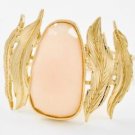 Oval Beige Acrylic Stone Foldover Bracelet Gold Plated Feather Design 2.75' Wide