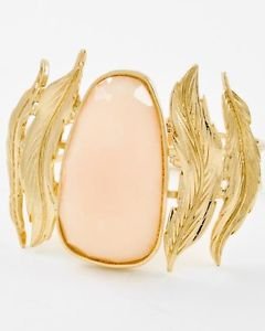 Oval Beige Acrylic Stone Foldover Bracelet Gold Plated Feather Design 2.75' Wide