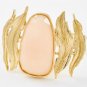 Oval Beige Acrylic Stone Foldover Bracelet Gold Plated Feather Design 2.75' Wide