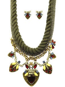 Olive OD Green Crochet Thread Rope Bohemian Style Necklace Set Homaica Glass