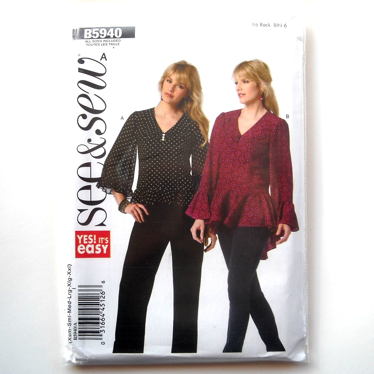 Misses Pullover Top All Sizes Easy See & Sew Butterick Pattern B5940