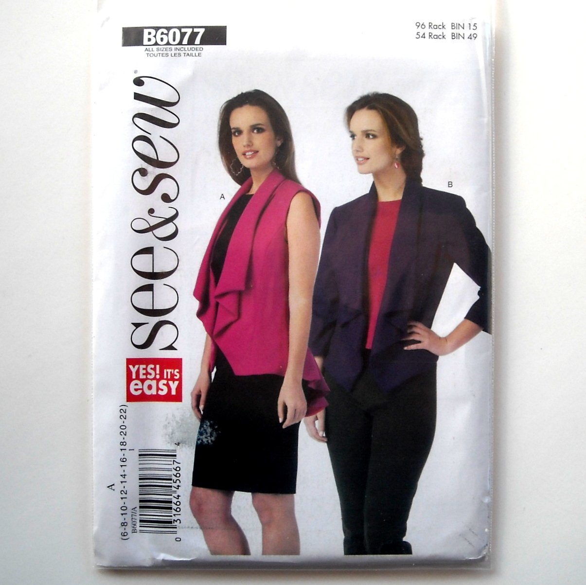 Womens Vest Jacket All Sizes Very Easy See & Sew Butterick Pattern B6077