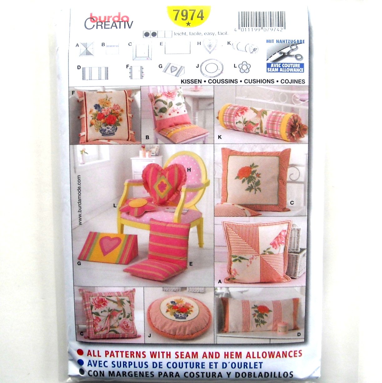 Cushions Pillows Burda Creativ Sewing Pattern 7974
