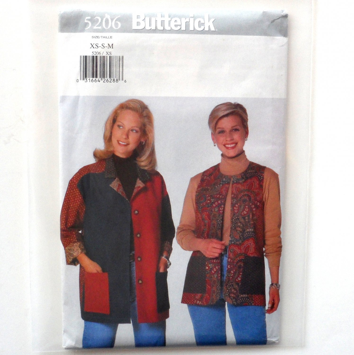 Misses' Jacket Vest XS S M OOP Butterick Sewing Pattern 5206
