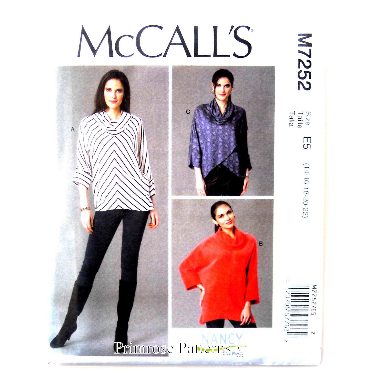 Misses Womens Cowl Neck Tops McCalls Nancy Zieman Sewing Pattern M7252