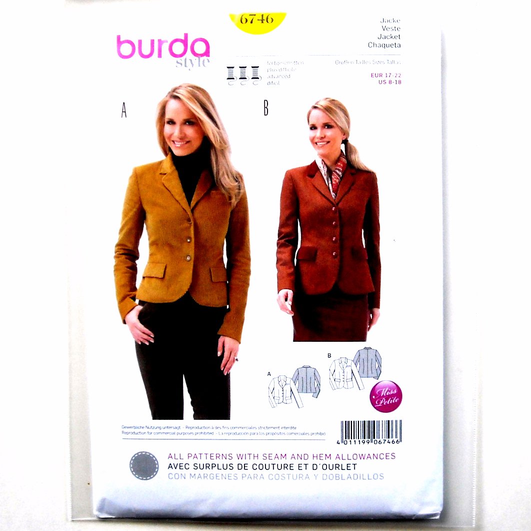 Misses Blazer Fitted Jackets Burda Style Sewing Pattern 6746