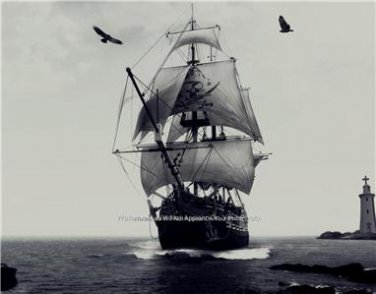 Wooden Pirate Ship Ocean Lighthouse Nostalgic Nautical Wall Art Picture Photo