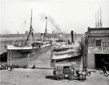 RARE NEW YORK CITY PIER 13 PADDLE WHEEL RIVER BOAT VENDOR HORSE WAGON PHOTO 1905