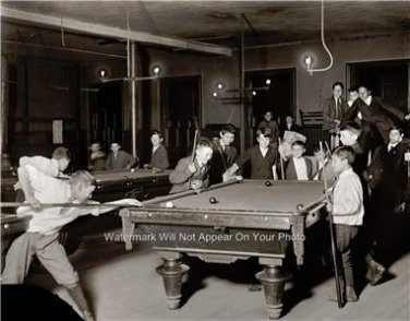 Young Boys Men Shooting Pool Halls Table Billiards Games Vintage Gas Light Photo