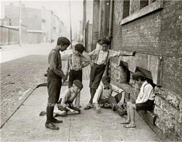 Young Boys Kids Playing Marbles Sidewalk Games Vintage Early Americana Art Photo