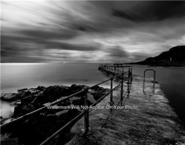 Relaxing Water Coastline Ocean Nautical Clouds Pier Wall Art Black & White Photo