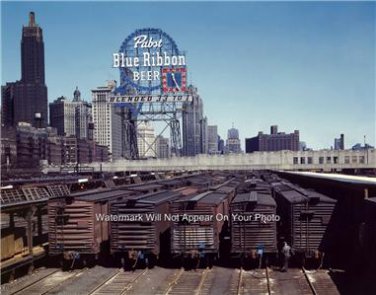 Vintage Trains Railroads Chicago Yard Depot Transportation Pabst Beer Sign Photo