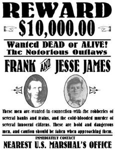 JESSE AND FRANK JAMES WANTED POSTER PHOTO BANK ROBBERS TRAIN HOLDUPS CIVIL WAR