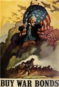 AMERICAN WWII WAR BONDS POSTER FEATURING UNCLE SAM AND OLD GLORY PHOTO