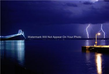 Awesome Lightning Photo over Water with Lighted Bridge Night Sky Poster