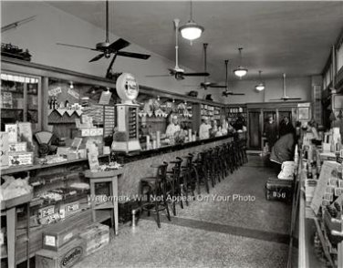 Old Peoples Drug Store Soda Fountain Ice Cream Malts Shakes Hot Dogs Candy Photo