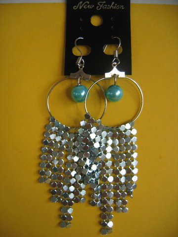 =New= Fashion Earrings:Blue tone metal/beads,Silver tone ring