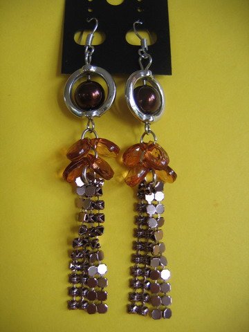 NEW= Fashion Earrings For Ladies: Silver tone metal/brown pearl beads