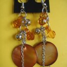 =NEW= Fashion earrings: dangling/ amber&silver tone metal beads/ brown pearl button