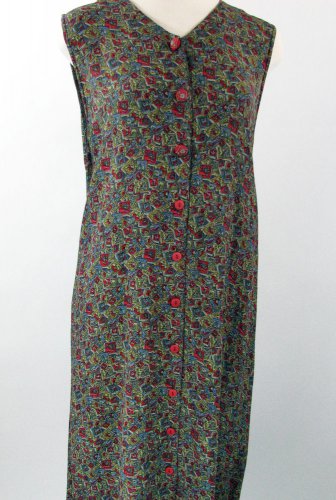 April Cornell Dress Red Blue Green Sleeveless Button Down - Size M