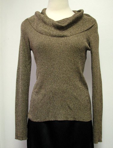 Ann Taylor LOFT Sweater sz M 100% Silk Brown Gold Cowl Neck Long Sleeve