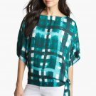 Michael Kors Sz Med Deep Sea Green Plaid Boat Neck Side Tie Flutter Top