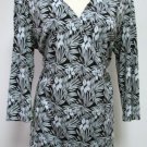 BCBG Paris Petite Dress sz Large Knit Blue and Black Floral Print Faux Wrap