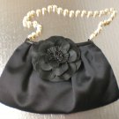 Violette Nozieres Clutch Black Satin, leather and Pearl Evening Bag w/ Flower