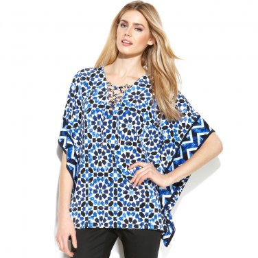 Michael Kors Sz Large Amalfi Blue Geo Print MK Drawstring Jersey Tunic Top