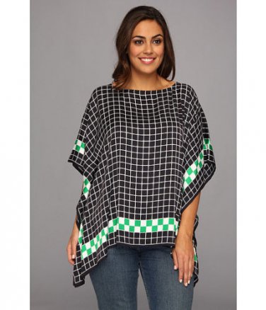 NWT Michael Kors Sz S/M Dark Blue Spring Green Checker Flutter Scarf Top