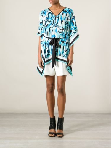 Michael Kors Sz L  XL Summer Blue Marquee Kaftan Flutter Scarf Top with Belt