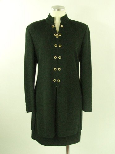 St John Skirt Suit Mandarian Style Forest Green Skirt Suit w/ Gold Hardware Sz 6
