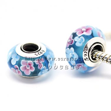 S925 Silver Blue flowers Murano Glass Beads Charms Fits European jewelry Bracelets ZS010