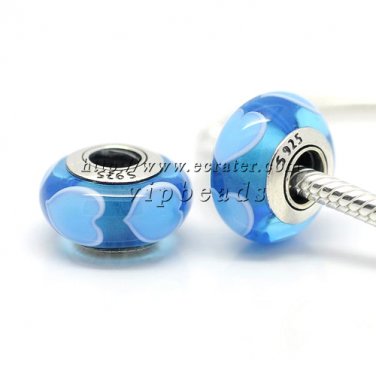 S925 Silver Blue Heart Murano Glass Beads Charms Fits European jewelry Bracelets ZS051