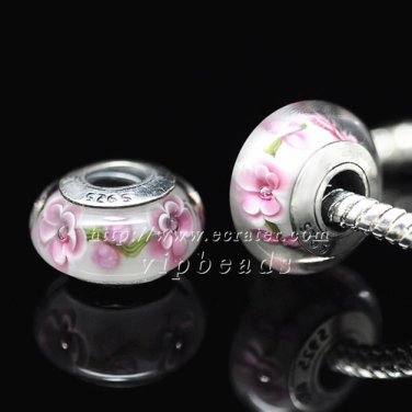 S925 Sterling Silver Pink flowers Murano Glass Beads Charms Fits European jewelry Bracelets ZS134