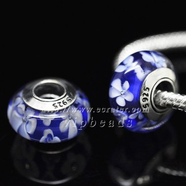 S925 Silver Blue white flowers Murano Glass Beads Charms Fits European jewelry Bracelets ZS131