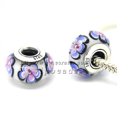 S925 Silver Blue white flowers Murano Glass Beads Charms Fits European jewelry Bracelets 190