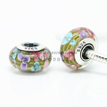 S925 Sterling Silver Multicolor flower Murano Glass Beads Charms Fits European jewelry Bracelets