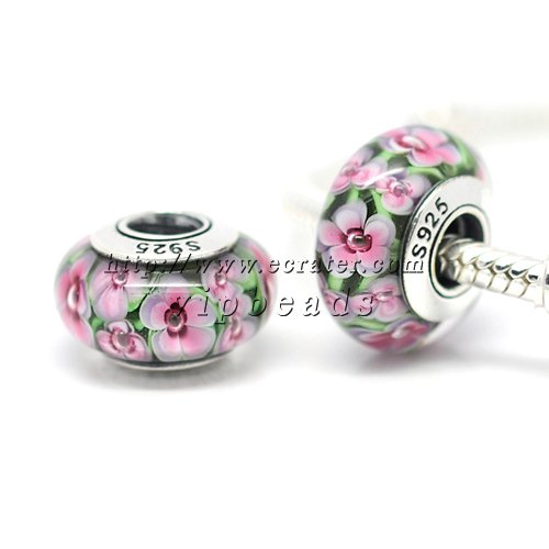 S925 Sterling Silver Pink Floral Murano Glass Beads Charms Fits European jewelry Bracelets ZS222