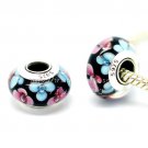 S925 Sterling Silver Pink blue flowers Murano Glass Beads Charms Fits European Bracelets ZS243