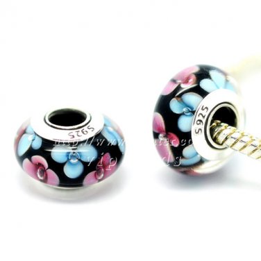 S925 Sterling Silver Pink blue flowers Murano Glass Beads Charms Fits European Bracelets ZS243