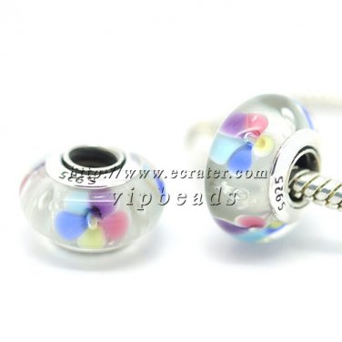 S925 Silver Gradient multicolor flowers Murano Glass Beads Charms Fits European Bracelets ZS255