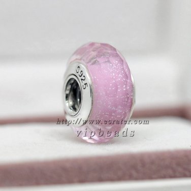 S925 Sterling Silver Pink shiny faceted Murano Glass Beads Charms fit European jewelry bracelet