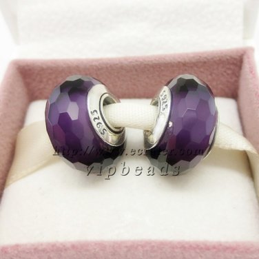 S925 Silver Dark purple faceted Murano Glass Beads Charms fit European jewelry bracelet 091